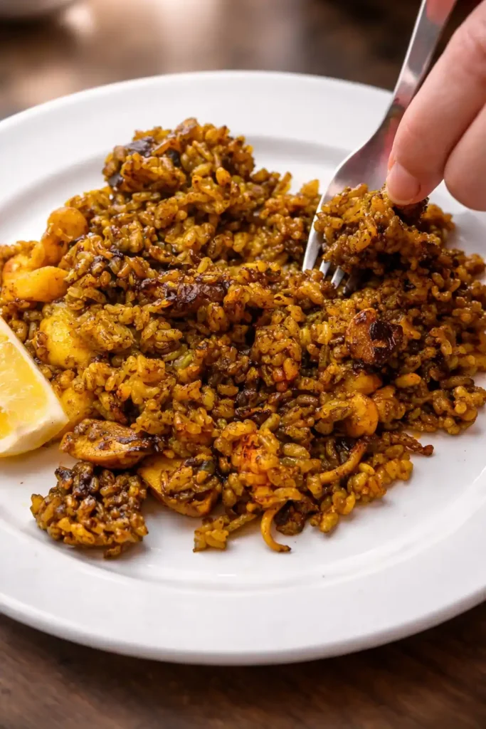 Paella de mariscos recién servida